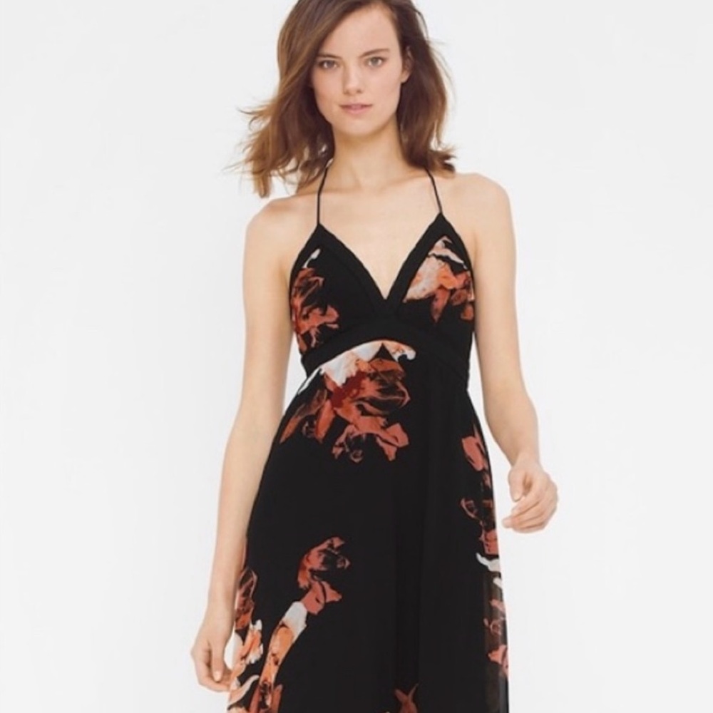 White House Black Market, Women's Black Floral Print Halter Dress, Size 0, Lined